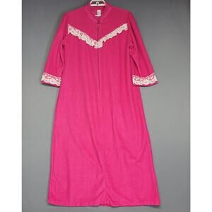 Vintage Womens 3X Pink Robe Housecoat Zip Front Lace Trim Floral Lounge 90s USA